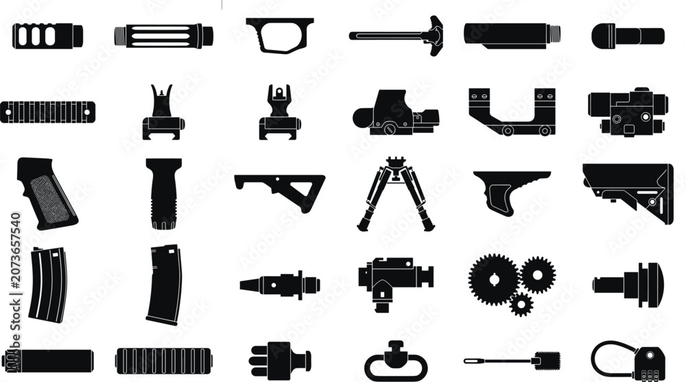 Obraz premium Set of isolated black icons featuring various firearm accessories and modular tactical weapon parts