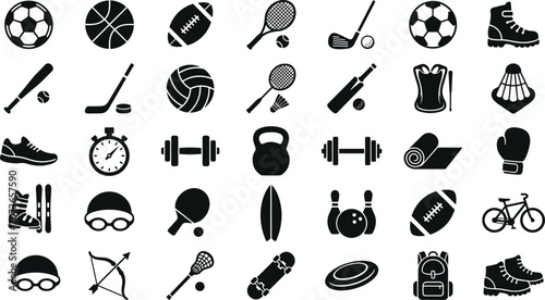 Various black and white sport icons, featuring athletic gear and equipment, isolated on white background