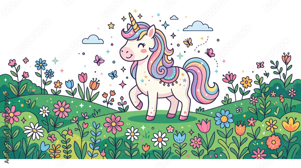 Obraz premium Magical Unicorn Walking in a Colorful Flower Meadow, Fantasy Illustration