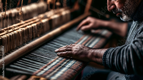 Obraz na płótnie Man weaving on a loom machine.