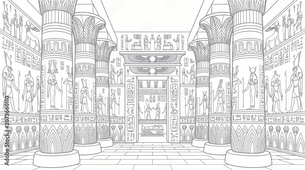Naklejka premium Ancient Egyptian Temple Interior with Hieroglyphs and Columns