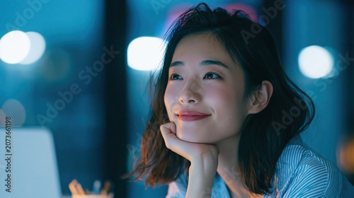 Asian office working girl with a radiant smile sits in front of her laptop immersed in work against a soothing blue turquoise background.