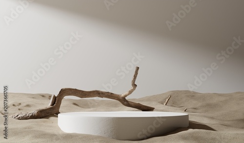 podium, stage, pedestal, minimalist, sand, desert, driftwood, background, display, natural, white, abstract, platform, modern, 3d, rendering, cosmetic, mockup, texture, geometry, cylinder, object, pre
