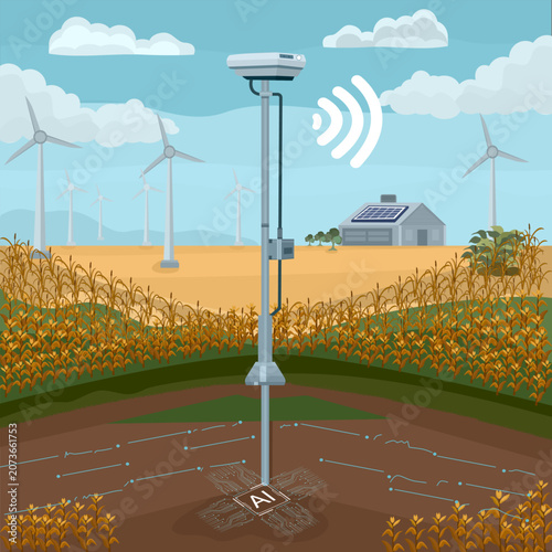 Smart farming sensor monitoring underground soil and crop data with AI chip. Innovative agritech system, wireless IoT connection, and sustainable energy infrastructure vector.