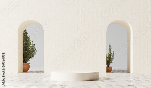 minimalist podium presentation with arch wall and green plants 3d rendering