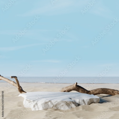 natural rock podium and driftwood on a minimalist summer beach 3d rendering