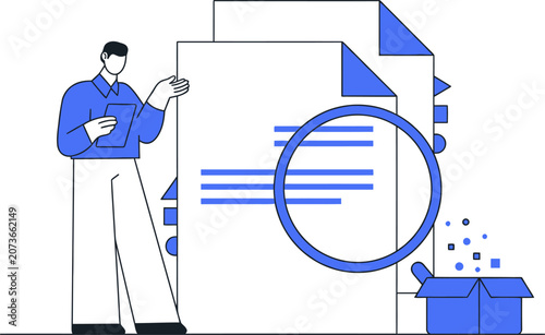 Man analyzing documents with magnifying glass and open box for web banner social media banner business presentation marketing meterial.