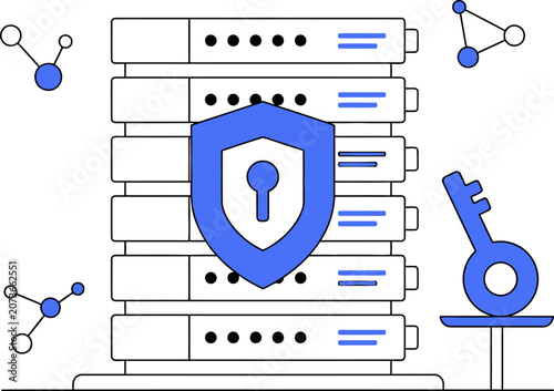 Secure server rack with shield, key, and network nodes for web banner social media banner business presentation marketing meterial.
