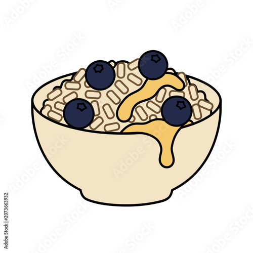 Flat illustration of oatmeal bowl with blueberries and honey