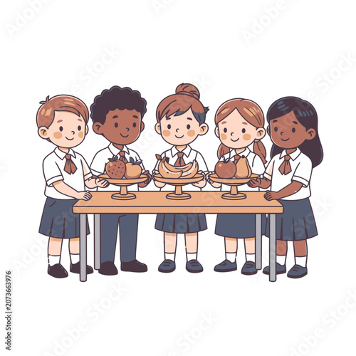 Group of school children with desserts on a table