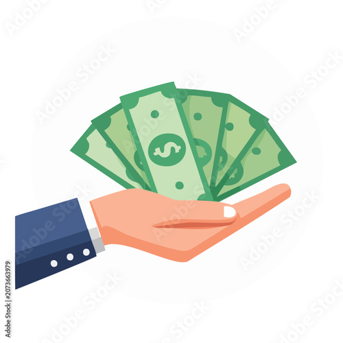 Hand holding dollar bills flat vector illustration