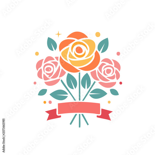 Flat illustration of rose bouquet with ribbon