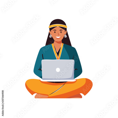 Woman in traditional attire using laptop, flat vector illustration