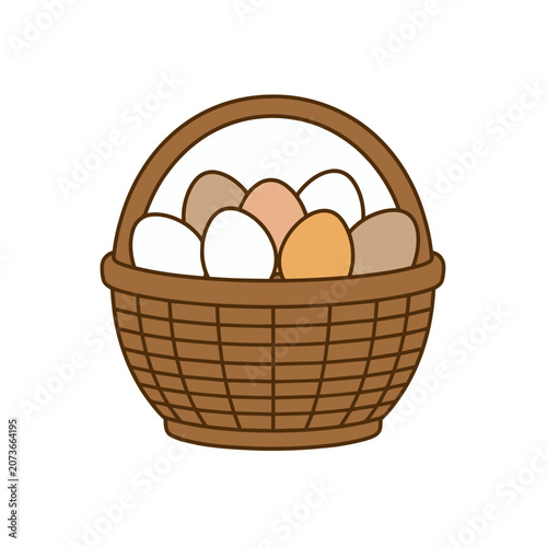 Woven basket filled with eggs, flat vector illustration