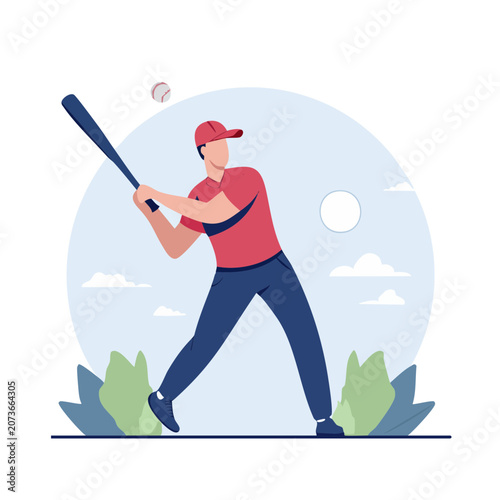 Baseball player swinging bat in flat vector style