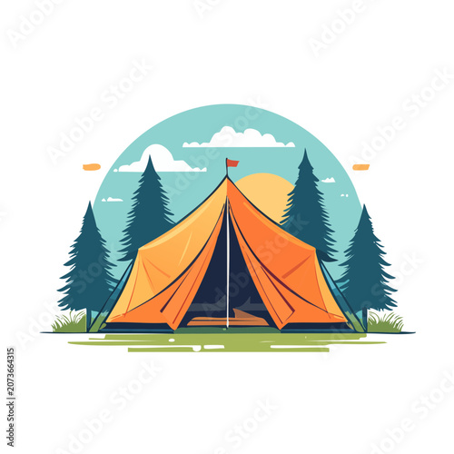 Camping tent in forest at sunset, flat vector illustration