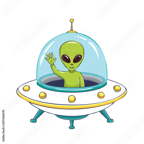 Cartoon alien waving from a flying saucer