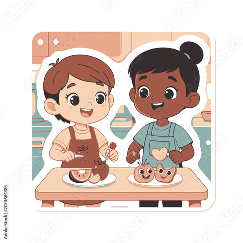Cartoon children baking and decorating cookies in kitchen