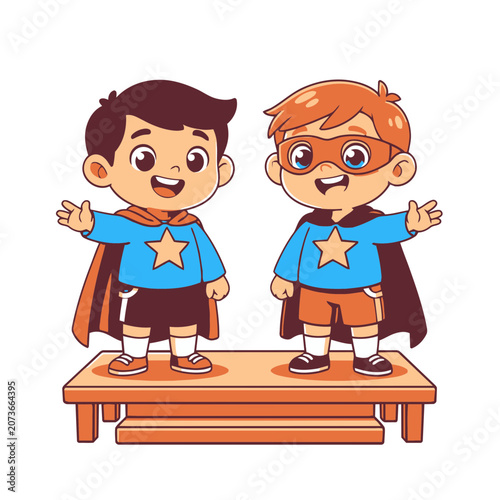 Cartoon boys in superhero costumes with capes and star badges