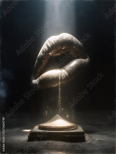 International Kissing Day Vertical Hourglass Time Poster, Suspended Hourglass Tiny Lip Silhouette Locked At Waist Four Side Light, Kiss Break Time Flow Abstract Visual, Commercial Material For Time Th
