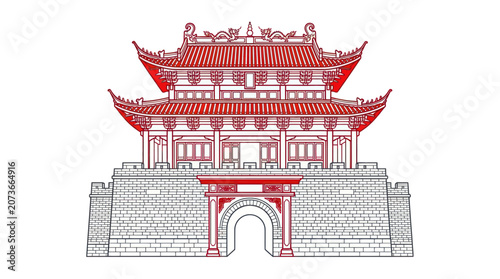 Tableau sur toile Traditional Chinese Pagoda Gatehouse - Red and White Architectural Illustration
