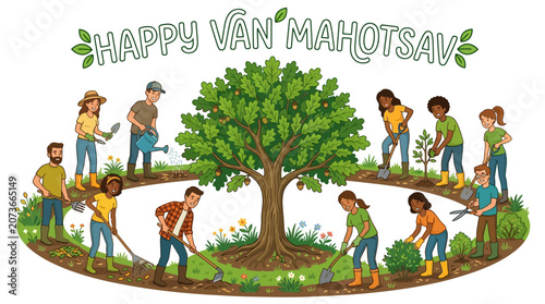 Happy Van Mahotsav celebration with diverse people planting trees and gardening together around a large oak tree