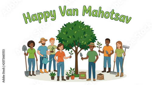Celebrate happy Van Mahotsav with diverse people planting trees and gardening together in a joyful community event