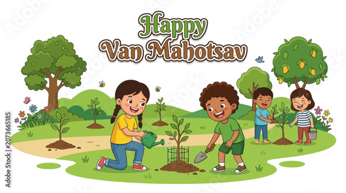 Happy Van Mahotsav celebration with diverse children planting trees and watering saplings in a lush green park