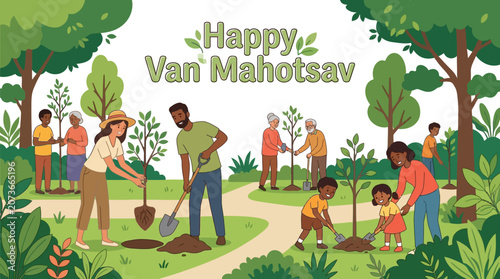 Happy Van Mahotsav celebration with diverse families planting trees together in a lush green park setting