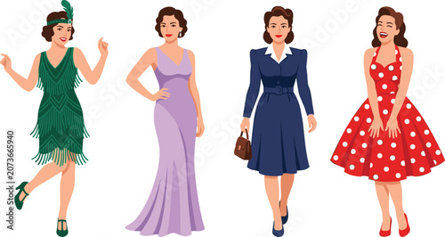 Картината върху платно Vintage Fashion History Women Character Set Illustrating Twentieth Century Dress