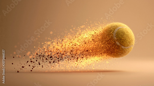 A dynamic close-up of a tennis ball disintegrating into particles, showcasing motion and energy against a warm-toned background.