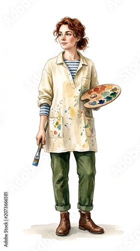 Watercolor illustration of a young artist holding a paint palette and brush, wearing a paint-splattered apron and green pants