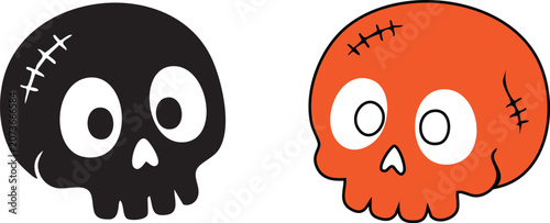 Cute Cartoon Skull Icons Set in Black and Orange Halloween Illustration