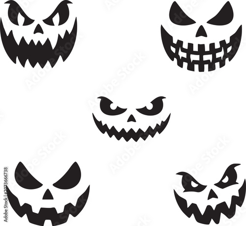PrintScary Halloween Pumpkin Face Silhouettes Set Black and White Jack O Lantern Illustration