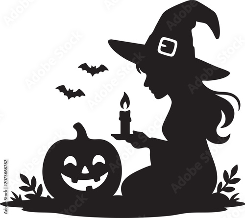 PrintHalloween Witch Silhouette with Jack O Lantern, Candle and Bats Black and White Illustration