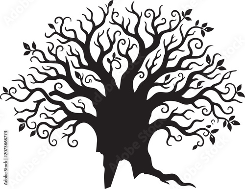 PrintSpooky Bare Tree Silhouette with Twisted Branches Black and White Halloween Illustration