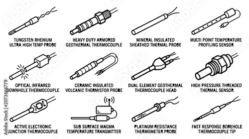 Technical Illustration of Industrial Temperature Probes and Geothermal Thermocouple Sensors.