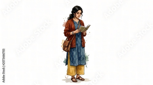 Illustration of a woman in traditional attire reading a book outdoors, serene and thoughtful expression