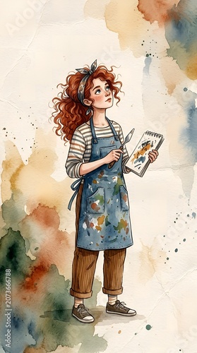 Cheerful young artist in floral apron holding paintbrush and palette, watercolor illustration of creative painting scene