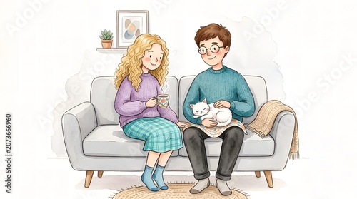 Young couple sitting on a cozy white sofa reading a book together in a warm, modern living room setting