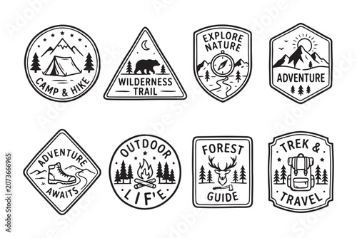 Black and white vector set of outdoor adventure badges and labels with nature and travel themes