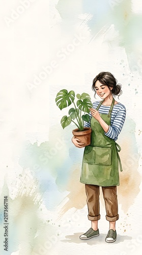 Watercolor illustration of a cheerful woman in an apron holding a potted monstera plant with a soft pastel background