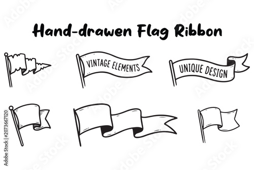 Handdrawn flag ribbons with vintage elements and unique design