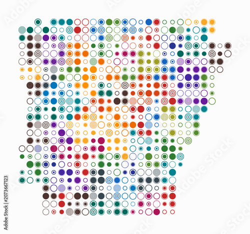 Arkansas, shape of the state build of colored cells. Digital style map of the Arkansas on white background. Large size circle blocks. Plain vector illustration.