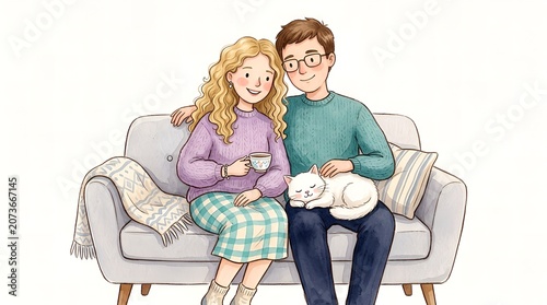 Happy young couple sitting on a light gray sofa with a white cat, drinking coffee, cozy home interior, relaxed lifestyle illustration