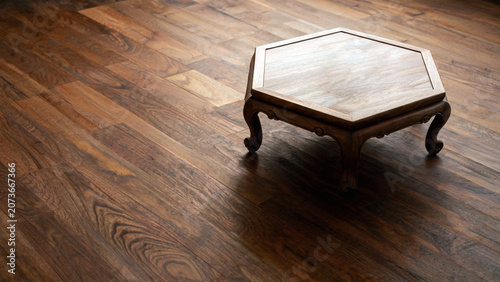 Minimalist Korean Traditional Wooden Tea Table Soban on Dark Walnut Wood Floor
