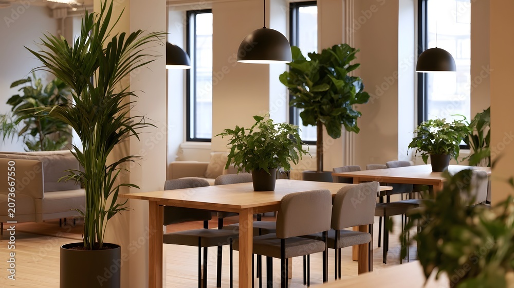 Fototapeta premium Charming and refined minimalist coworking space featuring elegant interior design and delicate accents