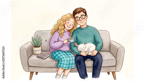 Happy young couple sitting together on a modern sofa at home, cuddling a small white dog, cozy lifestyle illustration