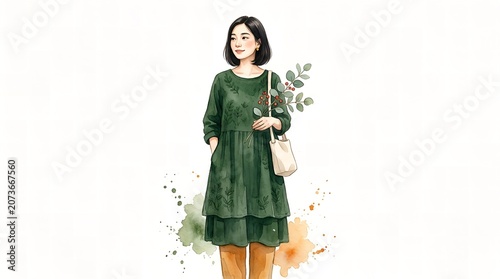 Elegant woman in green dress holding bouquet, watercolor illustration with soft pastel background and floral accents