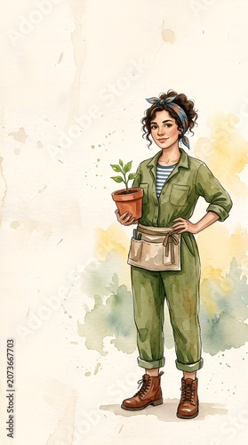 Watercolor illustration of cheerful gardener holding potted plant in green overalls and boots, nature theme